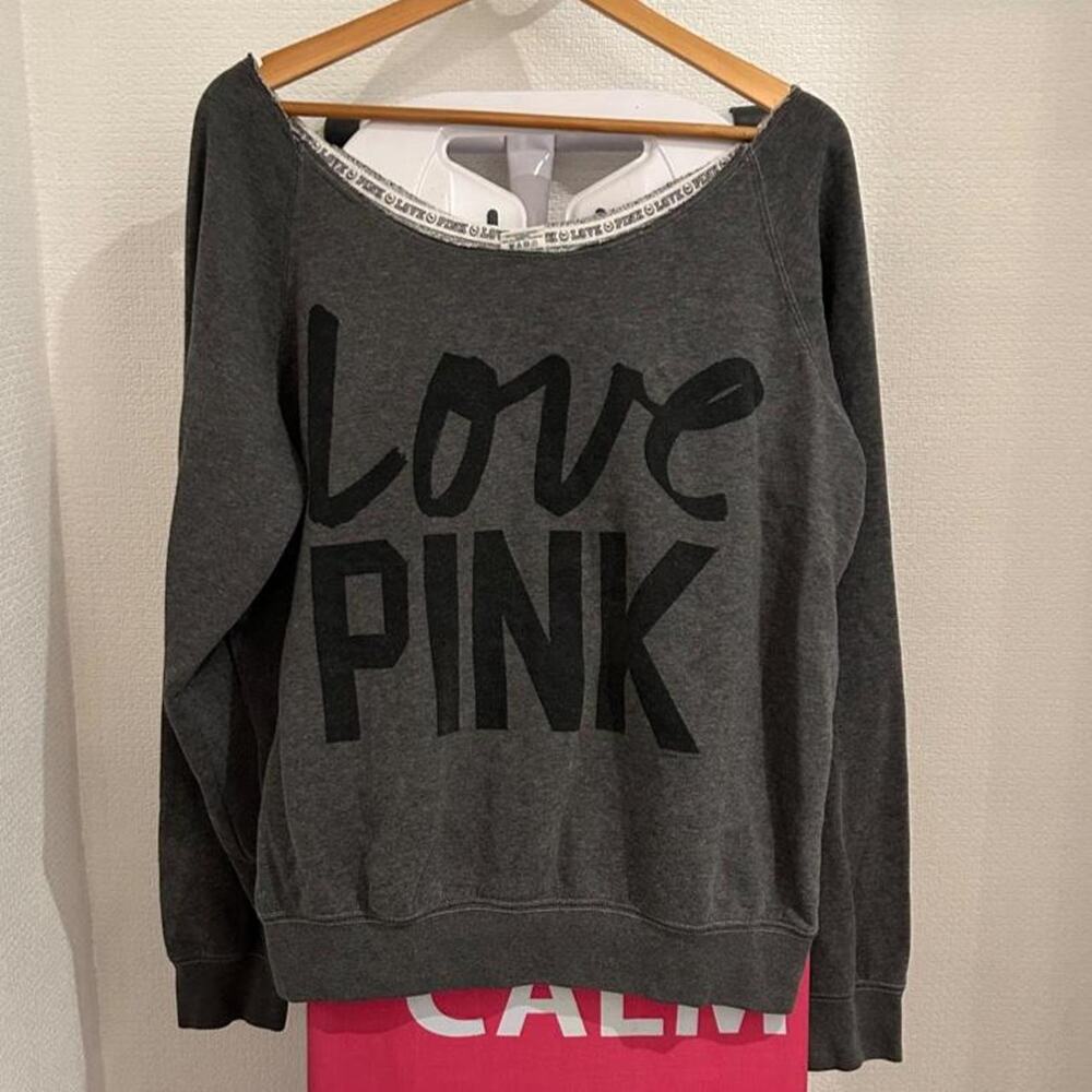 VS PINK Vintage Grey Black Love Pink Script Off Shoulder Raw Neck Sweatshirt L